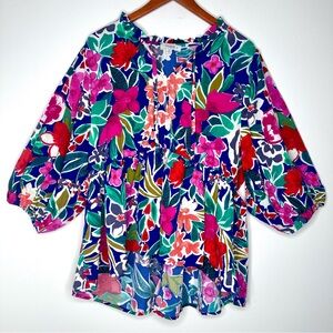 Umgee Colorful Floral Blouse High low Ruffle Hem Size 2XL